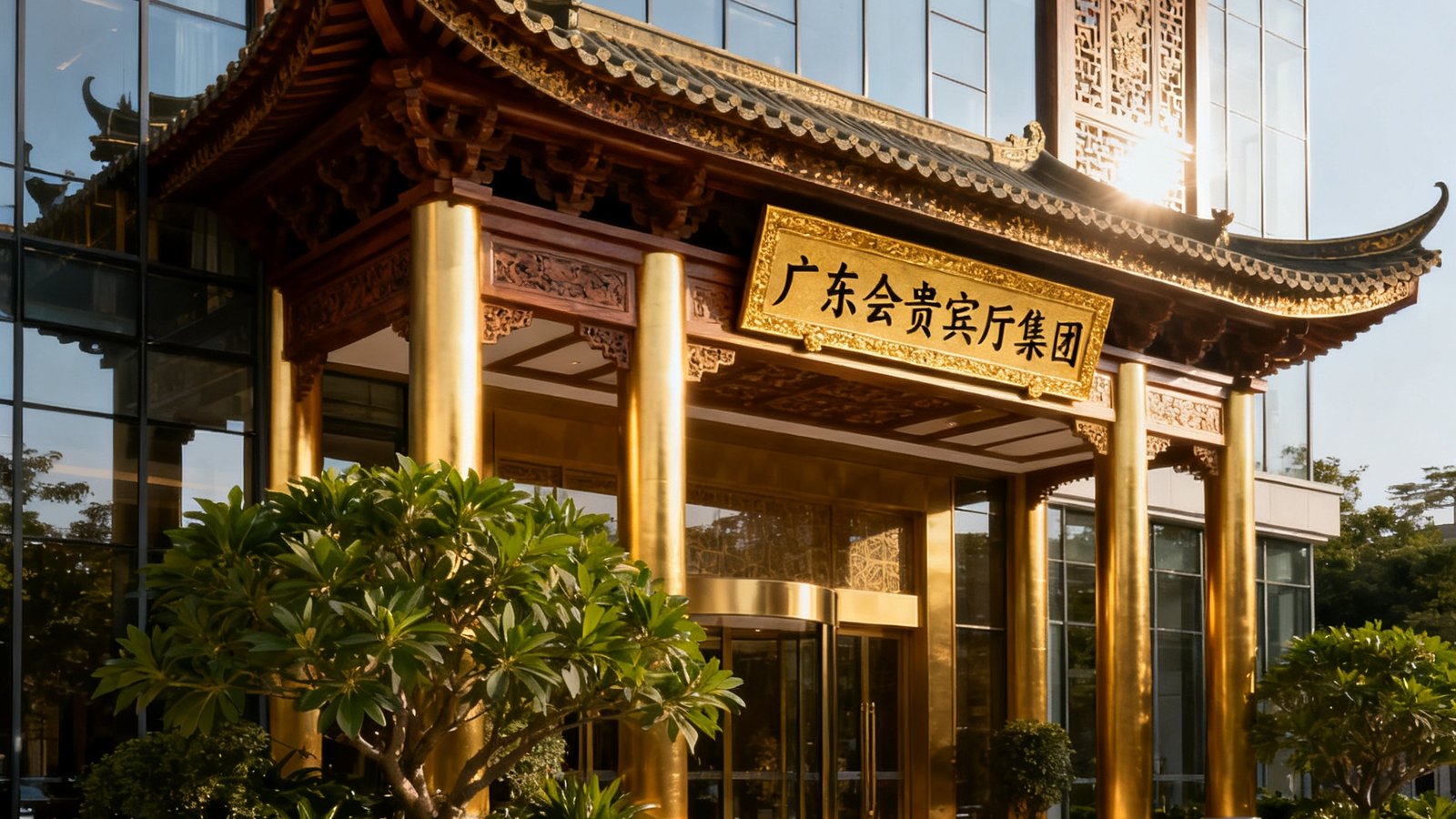 广东会贵宾厅集团总部大楼外观，现代中式建筑风格融合岭南元素，门头悬挂烫金匾额，门口绿植葱郁，展现企业实力与文化底蕴