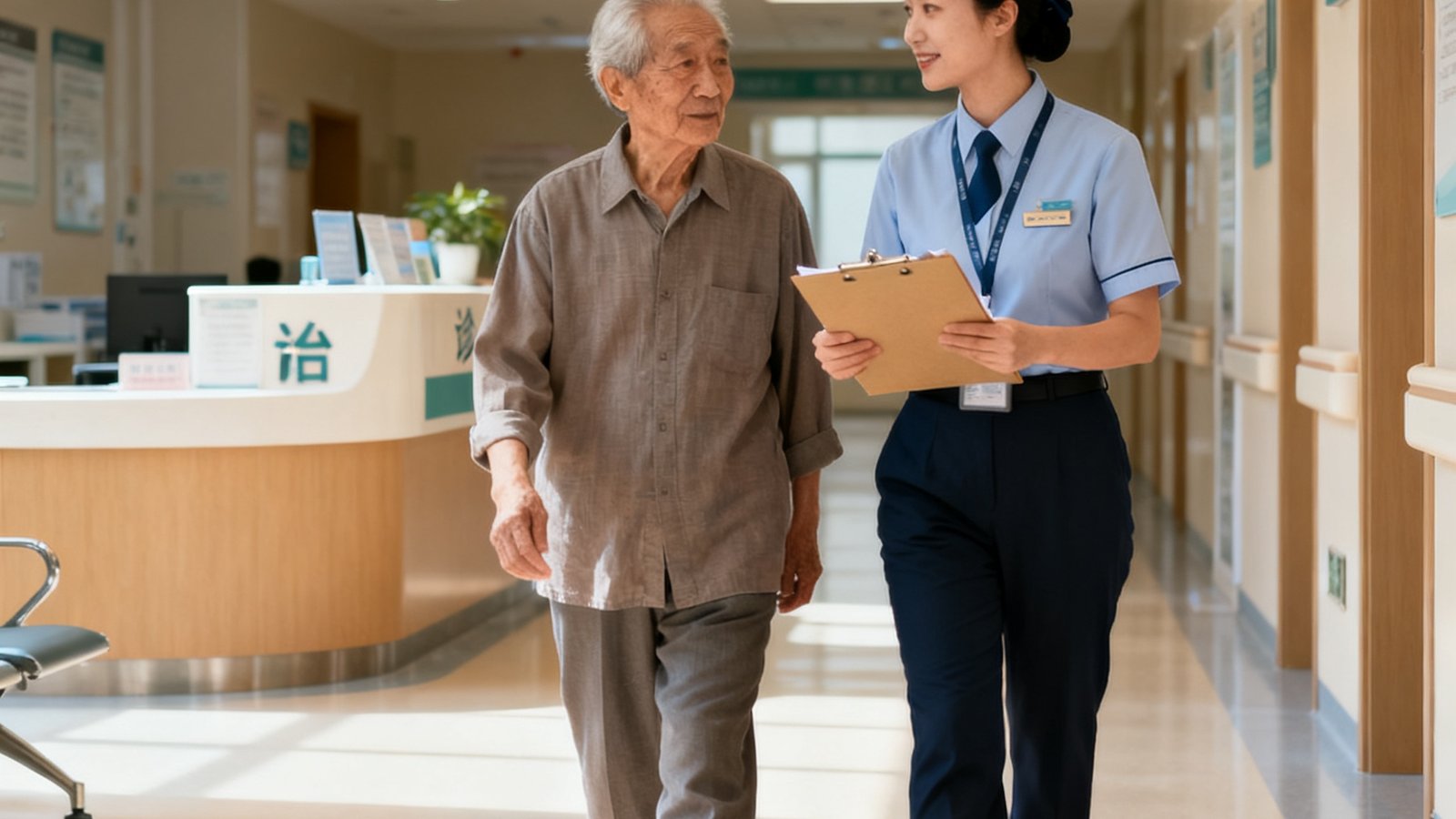 礼宾专员陪同老人走在明亮的三甲医院走廊中，专员手持文件夹协助办理挂号手续，老人神情从容不迫，背景可见医院导诊台