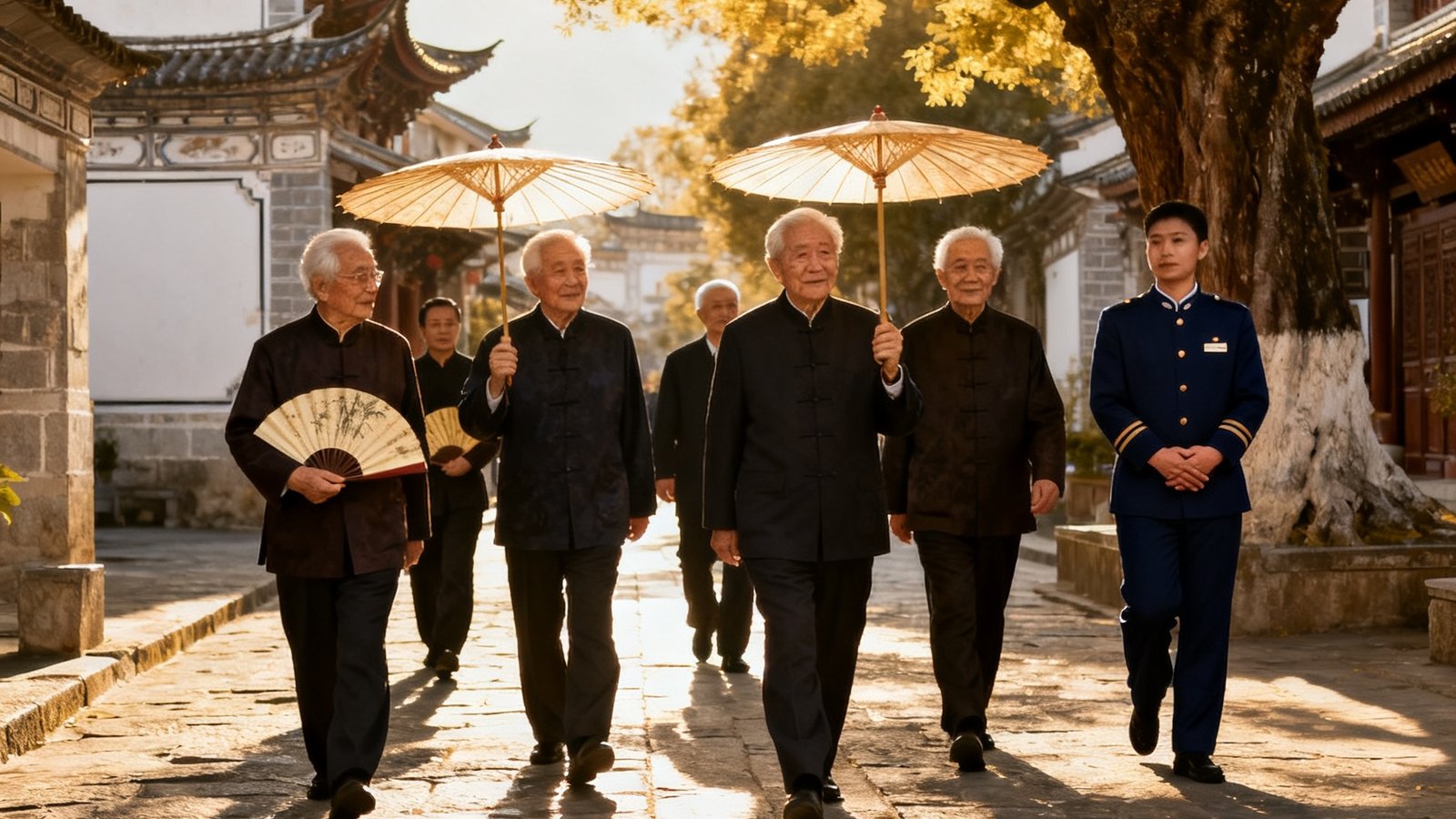 几位老年贵宾在云南大理古城街巷中悠闲漫步，阳光透过古树洒落在石板路上，礼宾管家在旁陪护