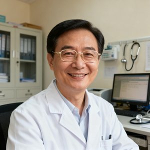 陈启明医生肖像照，戴金丝边眼镜，身穿白大褂，面带亲切微笑，背景为医疗办公环境