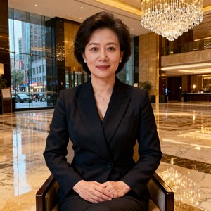 周雅琴女士肖像照，身穿深色职业套装，干练优雅，背景为酒店大堂环境