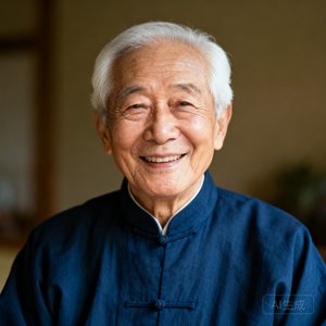 一位精神矍铄的白发老先生肖像，身穿藏蓝色中式对襟衫，面带慈祥微笑