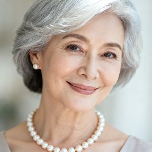一位气质优雅的银发女士肖像，佩戴珍珠项链，温婉微笑，背景虚化