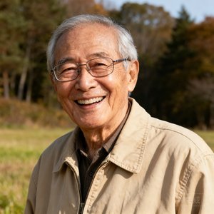 一位戴眼镜的老先生肖像，身穿米色休闲夹克，笑容爽朗，背景为户外自然风光